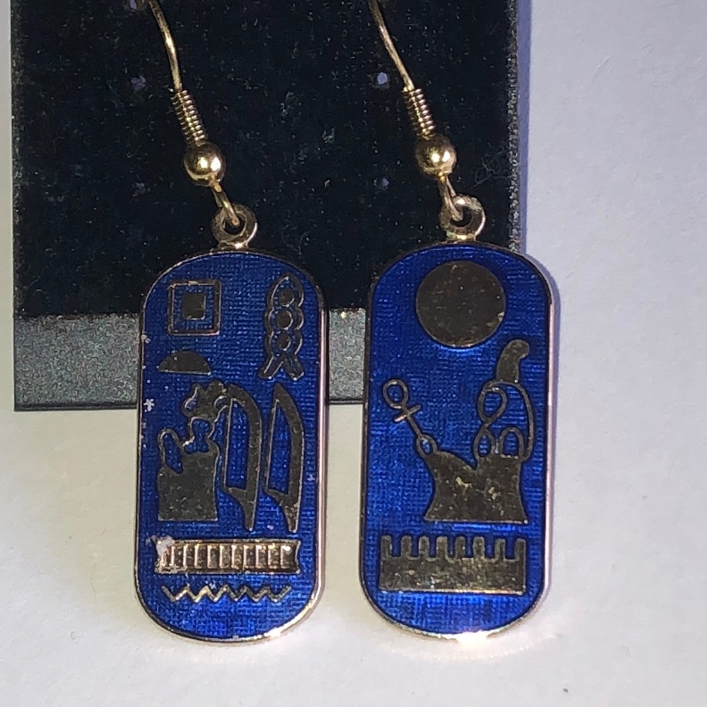 Fine Enamels by Crown Jewelry Blue Egyptian Cartouche Earrings